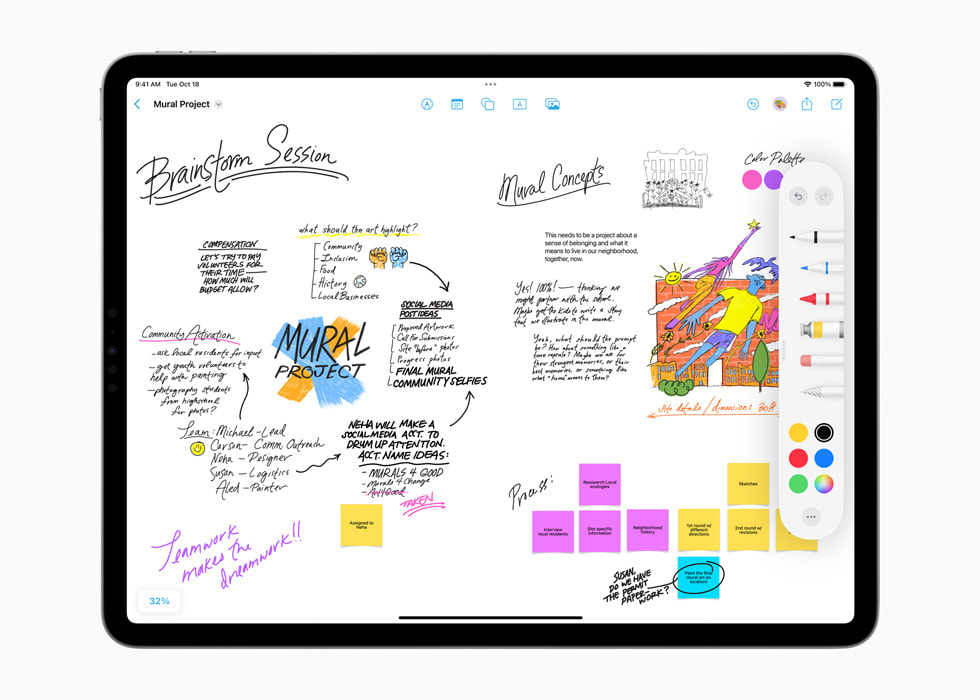 Freeform featuring notes with Scribble and a number of drawing tools on iPad Pro